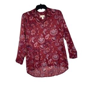 Loft Outlet Shirt Women Petite Medium Red Floral Sheer High Low Long Sleeve Boho